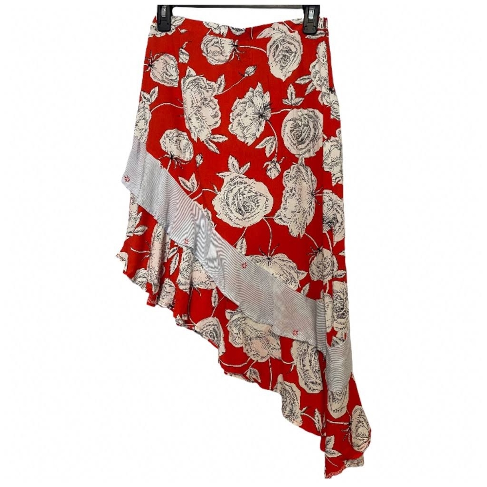 Anthropologie Jaase Red Floral Asymmetrical Skirt